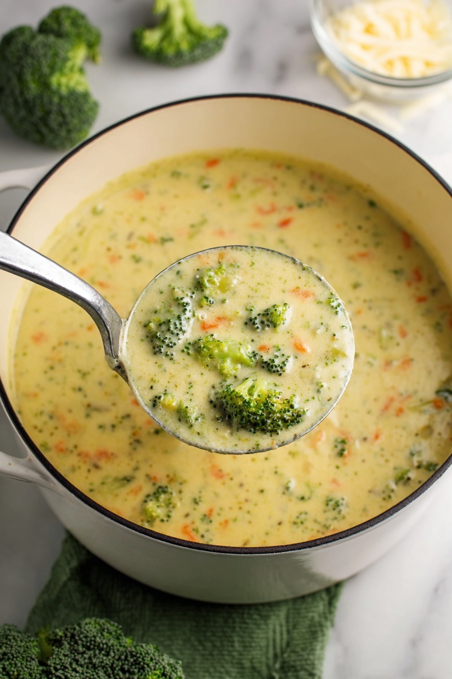 A close-up of a bowl filled with creamy green broccoli soup that has a smooth yet slightly chunky texture with visible bits of broccoli. On top, there are small bright green broccoli florets and thin strips of orange-yellow shredded cheese scattered at the center. Cracked black pepper is sprinkled over the soup's surface. The bowl is white with a light brown rim and has a silver spoon resting inside it, held by a woman's hand. The background shows a white marbled surface with some broccoli pieces and a white cloth with orange stripes partially visible. Photo taken with an iphone --ar 2:3 --v 7