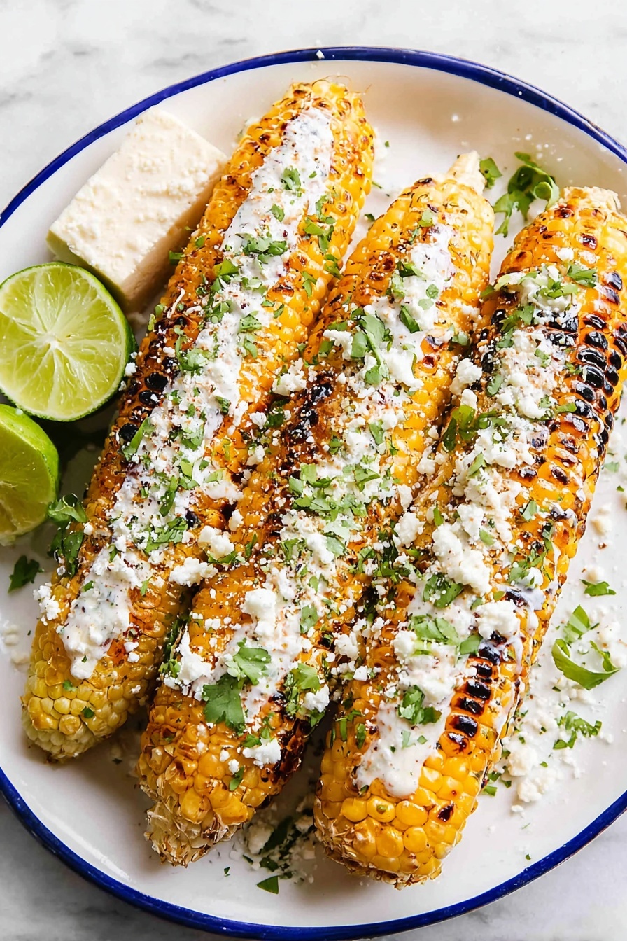 Three grilled corn cobs lie on a white plate with a blue rim, each cob covered in a creamy white sauce, sprinkled with crumbly white cheese and chopped green herbs. The corn is golden yellow with some dark char marks showing the grilling. Around the plate are wedges of bright green lime and extra bits of white cheese on a white marbled surface. The photo taken with an iphone --ar 2:3 --v 7