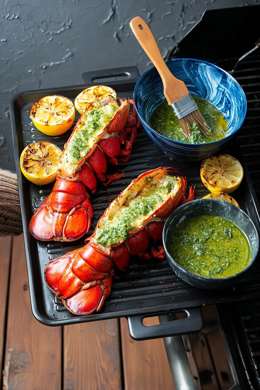 A white plate with blue stripes holds two lobster shells split open and filled with white lobster meat mixed with green herb sauce. The left lobster shell is neatly stuffed with a smooth layer of meat covered evenly in the sauce. The right shell shows chunky pieces of lobster meat coated with the green sauce, spilling slightly out of the shell. Around the lobsters are five lemon halves with dark grill marks. The plate sits on a white marbled surface. Photo taken with an iphone --ar 2:3 --v 7