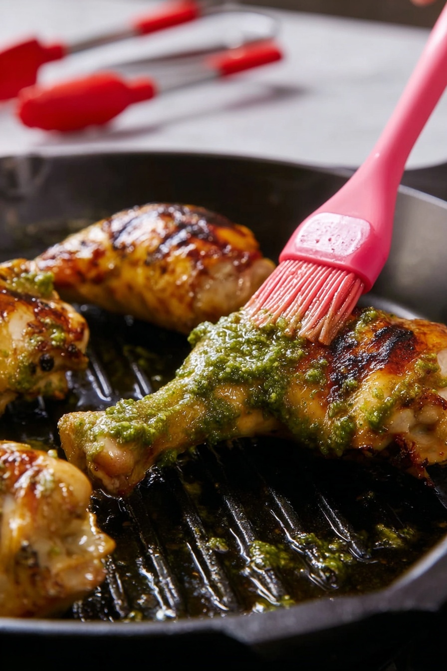 The image shows three grilled chicken pieces on a black ridged pan. The chicken has a golden-brown crispy skin with a layer of green sauce being brushed on one piece by a silicone brush held by a woman's hand. The sauce looks textured and thick, covering the top part of the chicken leg. In the background, two red silicone-tipped tongs rest on a white marbled surface. The scene focuses closely on the chicken and the brush, highlighting the sizzling texture and color contrast. photo taken with an iphone --ar 2:3 --v 7