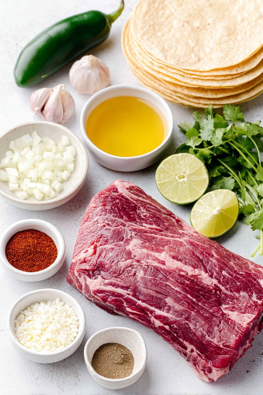 Flat lay of one fresh green jalapeño pepper, four whole uncracked brown garlic cloves, a small pile of vibrant green chopped cilantro, a small white ceramic bowl filled with golden olive oil, a small white ceramic bowl with bright orange fresh orange juice, a small white ceramic bowl containing pale yellow fresh lime juice, a small white ceramic bowl of clear white wine vinegar, small heaps of deep red chili powder, coarse white kosher salt crystals, warm light brown ground cumin powder, dried oregano sprigs, rich dark red ancho chili powder, a small mound of freshly ground black pepper, a raw fresh flank steak with trimmed fat, a neat stack of soft yellow corn tortillas, half a small white onion finely diced, a small pile of chopped cilantro, crumbled white cotija cheese, and fresh green lime wedges — all arranged with perfect symmetry on simple white ceramic dishes and plates, placed on a clean white marble surface, soft natural light, photo taken with an iPhone, professional food photography style, fresh ingredients, white ceramic bowls, no bottles, no duplicates, no utensils, no packaging --ar 2:3 --v 7 --p m7354615311229779997