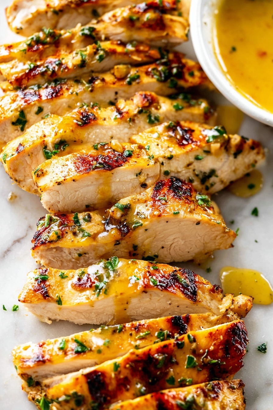 A white plate holds four grilled chicken pieces arranged in a close cluster, each with a golden-brown color and visible grill marks, brushed with a shiny orange glaze and sprinkled with small green herb pieces. Underneath and around the chicken is a bed of mixed salad leaves, including light green lettuce, shredded carrots, purple cabbage, and fresh parsley sprigs adding green accents. To the right of the chicken, there is a small clear glass bowl filled with a golden-orange dressing that has herb specks. The plate is placed on a white marbled surface. Photo taken with an iphone --ar 2:3 --v 7