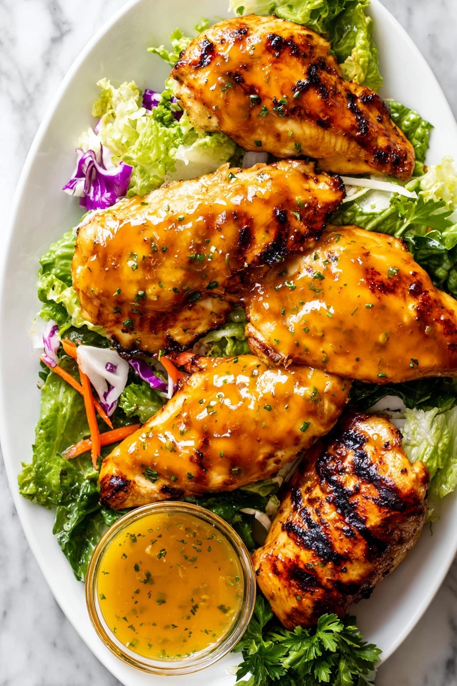The image shows several pieces of grilled chicken, sliced into thick strips and arranged closely on a white marbled surface. The chicken has a golden-brown outer layer with light grill marks, and the inside is tender and white. Bright green chopped herbs are sprinkled evenly across the chicken, adding contrast. A small white bowl with a light yellow sauce partially covers the top right corner, with some sauce gently drizzled over the chicken pieces. The scene looks fresh and appetizing, with a warm, natural light highlighting the moist texture of the chicken. Photo taken with an iphone --ar 2:3 --v 7