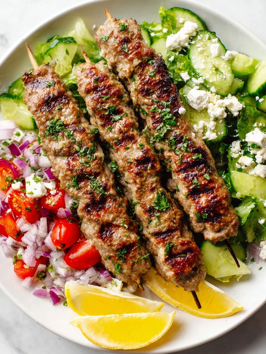 The image shows a white plate with five grilled meat skewers arranged side by side on the right. Each skewer has three oval-shaped pieces of browned grilled meat with visible grill marks and small green herb bits sprinkled on top. On the left side of the plate, there is a colorful salad made of sliced green cucumbers, red cherry tomato halves, small white cheese chunks, and tiny pieces of red onion, all garnished with chopped green herbs. In the top right corner of the plate, three bright yellow lemon wedges sit against the meat skewers. The plate is placed on a white marbled surface. photo taken with an iphone --ar 2:3 --v 7