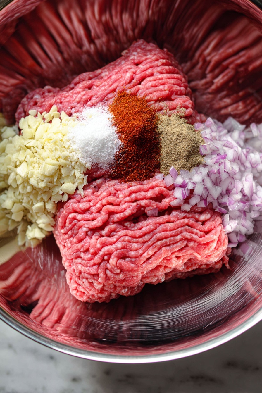 Inside a clear round bowl on a white marbled texture, two large blocks of pink ground meat form the base layer with a coarse texture of tightly packed strands. On top, finely chopped white and purple onions rest on the right side, with small piles of white granulated salt, dark red paprika, and light brown seasoning placed together in the middle upper area. At the bottom left corner, small pieces of chopped garlic add a fresh light cream color and slightly chunky texture against the smooth meat. Photo taken with an iphone --ar 2:3 --v 7