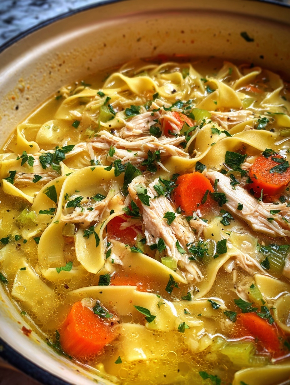 A white bowl filled with clear yellow broth soup holds wide, flat egg noodles with a soft texture floating on top. There are thin slices of orange carrots, small pieces of light green celery, and shredded light brown chicken pieces scattered evenly through the soup. Bright green chopped parsley is sprinkled over everything, adding a fresh touch. The bowl rests on a white marbled surface, showing the warm colors of the soup clearly. photo taken with an iphone --ar 2:3 --v 7