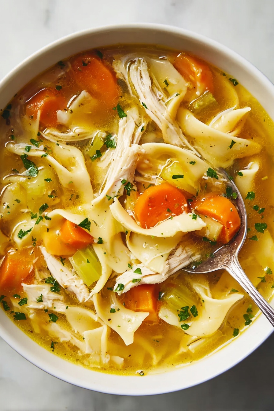 A white bowl filled with chicken noodle soup shows a warm broth with visible pieces of shredded chicken in light beige, rounds of bright orange carrots, green celery chunks, and flat wide noodles floating in the mixture. Small green parsley leaves sprinkle over the top for color contrast, and a silver spoon scoops up a noodle, carrot piece, and chicken. The bowl sits on a white marbled surface that adds a clean background. The soup has three main layers: the clear golden broth as the base, chicken and vegetables distributed throughout, and noodles resting across the surface along with herbs. Photo taken with an iphone --ar 2:3 --v 7