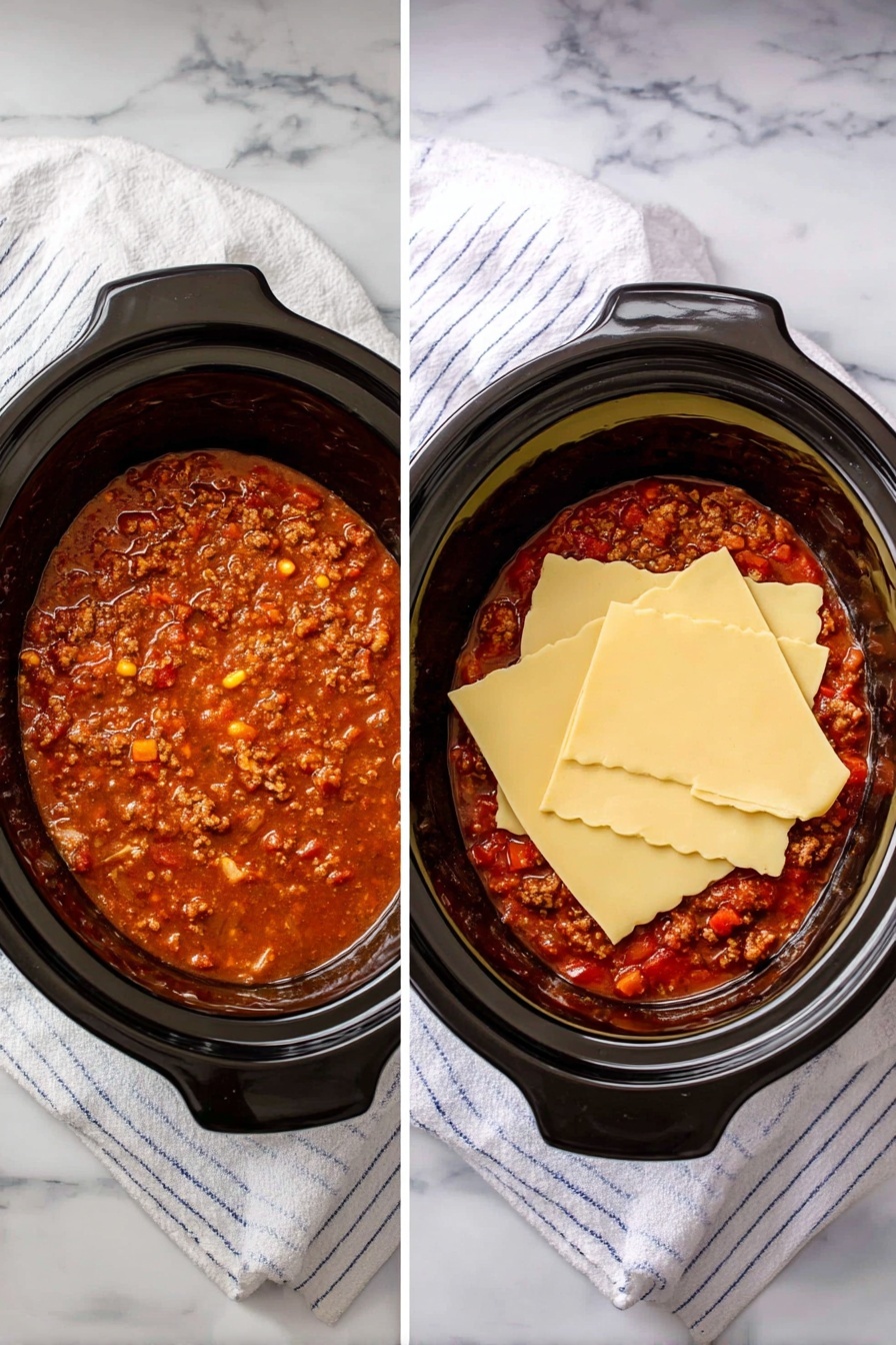 The image shows two side-by-side photos of a black slow cooker on a white marbled surface with a white and blue striped cloth underneath. The left photo shows the first layer inside the cooker: a thick, chunky red meat sauce with visible bits of ground meat and small vegetable pieces. The right photo shows the next layer, where five uncooked pale yellow lasagna sheets are placed unevenly on top of the meat sauce, some overlapping and with one square piece. photo taken with an iphone --ar 2:3 --v 7