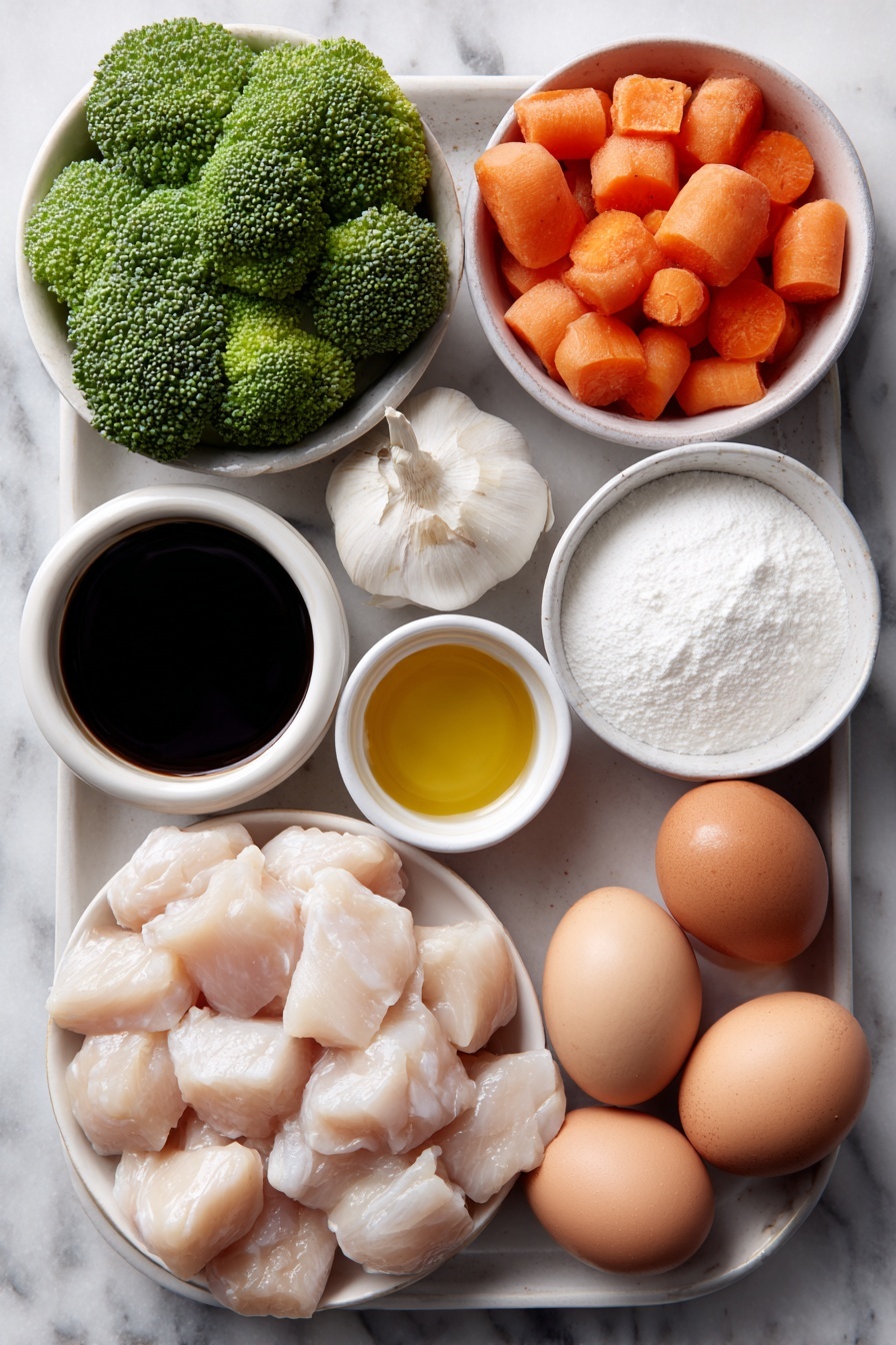 Flat lay of fresh broccoli florets, thinly sliced peeled carrots, raw boneless skinless chicken breast pieces, whole uncracked brown eggs, several garlic cloves, a few sprigs of fresh parsley, small white ceramic bowls holding clear chicken broth, golden honey, dark soy sauce, and white cornstarch, arranged with balanced symmetry on a clean white marble surface, soft natural light, photo taken with an iPhone, professional food photography style, fresh ingredients, white ceramic bowls, no bottles, no duplicates, no utensils, no packaging --ar 2:3 --v 7 --p m7354615311229779997