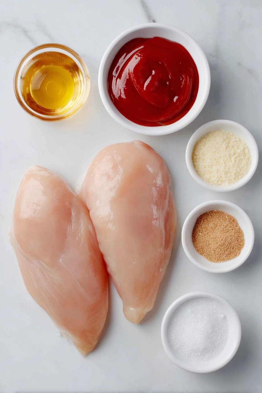 Flat lay of two fresh boneless, skinless chicken breasts, a small white ceramic bowl of rich red BBQ sauce, a small white ceramic bowl of amber apple cider vinegar, a small white ceramic bowl filled with golden brown sugar, a small white ceramic bowl holding light beige onion powder, a small white ceramic bowl containing pale off-white garlic powder, all arranged with perfect symmetry and balanced proportions, placed on a clean white marble surface, soft natural light, photo taken with an iPhone, professional food photography style, fresh ingredients, white ceramic bowls, no bottles, no duplicates, no utensils, no packaging --ar 2:3 --v 7 --p m7354615311229779997