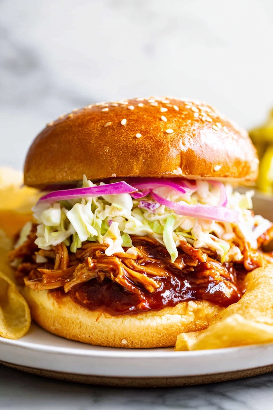 A close-up of a sandwich on a white plate with potato chips on the side, set on a white marbled surface. The sandwich has four visible layers: a top golden-brown sesame seed bun with a shiny texture; underneath, a layer of thin, bright purple onion slices; below that, a layer of light green shredded coleslaw with some creamy dressing; and on the bottom, a thick, juicy layer of shredded meat covered in a rich, dark reddish-brown sauce. The sandwich bun bottom is slightly soaked with sauce and sprinkled with sesame seeds. photo taken with an iphone --ar 2:3 --v 7