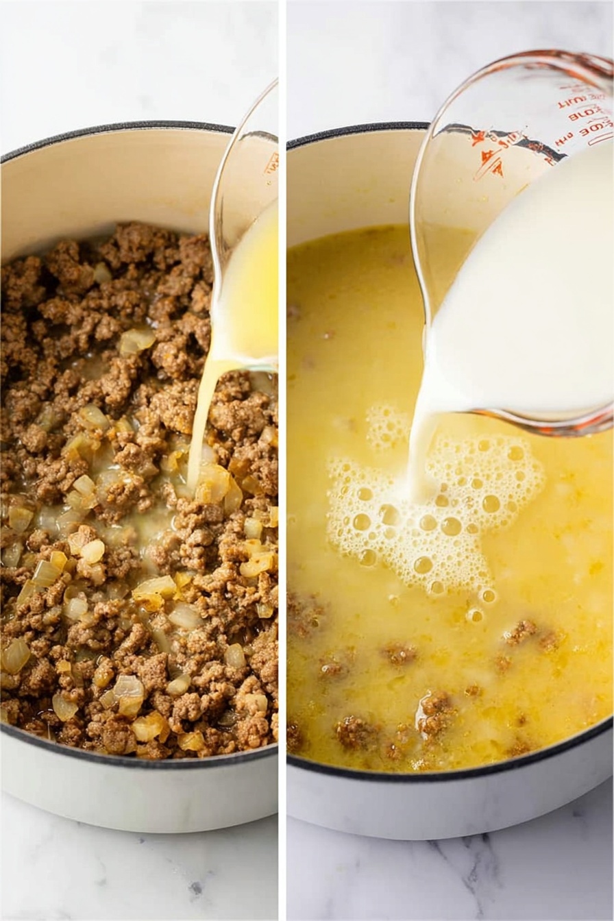 The image shows two side-by-side views of a white pot with cooked ground meat and small bits mixed with translucent diced onions at the bottom. In the left part, a woman's hand is pouring a light yellow broth over the meat mixture, causing it to glisten and look wet but still chunky. In the right part, the broth now fills most of the pot, covering the meat, and a woman's hand is pouring a white liquid, likely cream or milk, into the yellow broth, creating a smooth, foamy swirl on top. The background surface is white marbled texture. photo taken with an iphone --ar 2:3 --v 7