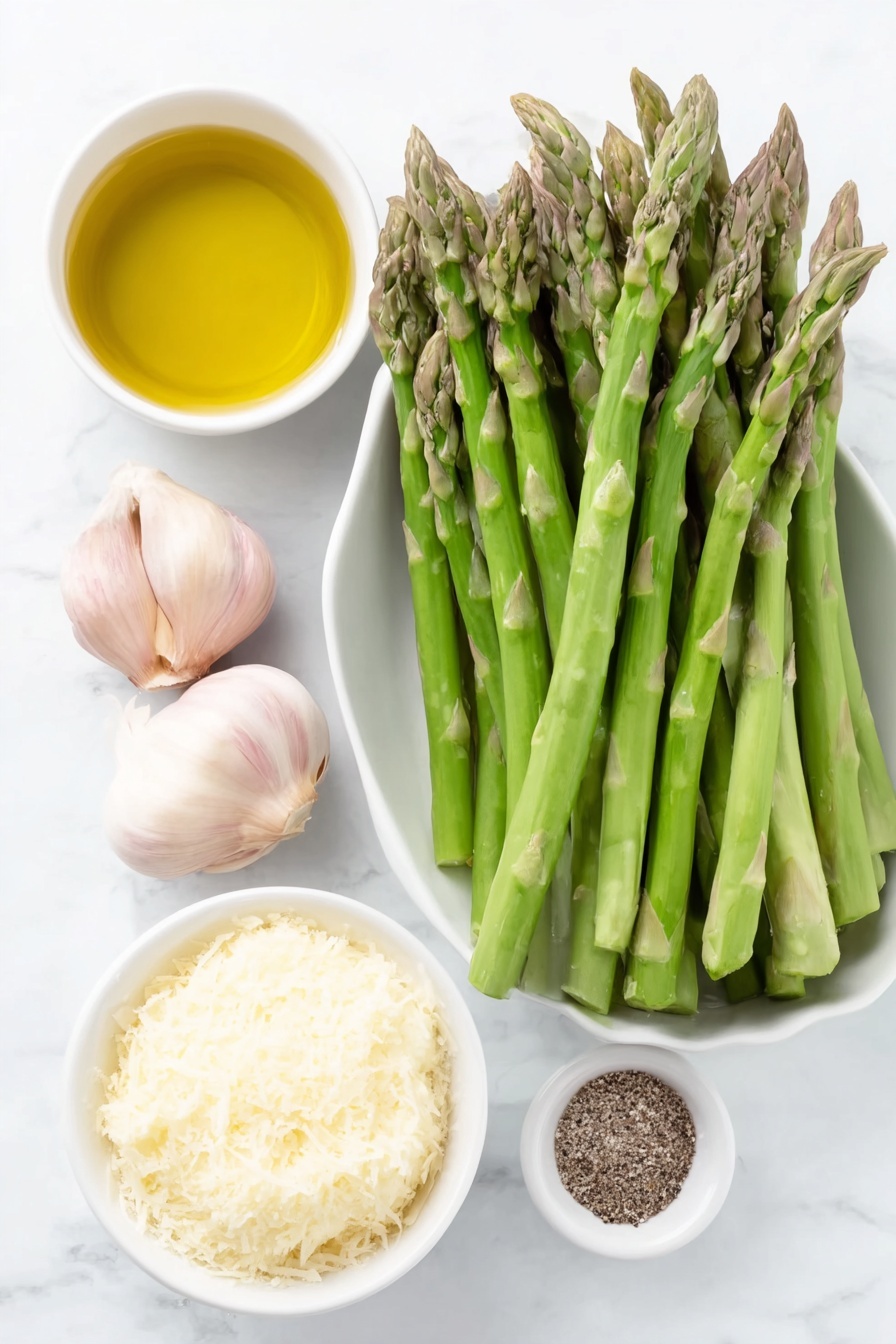 Flat lay of fresh green asparagus spears neatly arranged, two whole uncracked brown garlic cloves, a small white ceramic bowl filled with golden olive oil, a small white ceramic bowl heaping with finely grated parmesan cheese, a small white ceramic bowl containing coarse salt, a small white ceramic bowl with freshly cracked black peppercorns placed on a clean white marble surface, soft natural light, photo taken with an iPhone, professional food photography style, fresh ingredients, white ceramic bowls, no bottles, no duplicates, no utensils, no packaging --ar 2:3 --v 7 --p m7354615311229779997