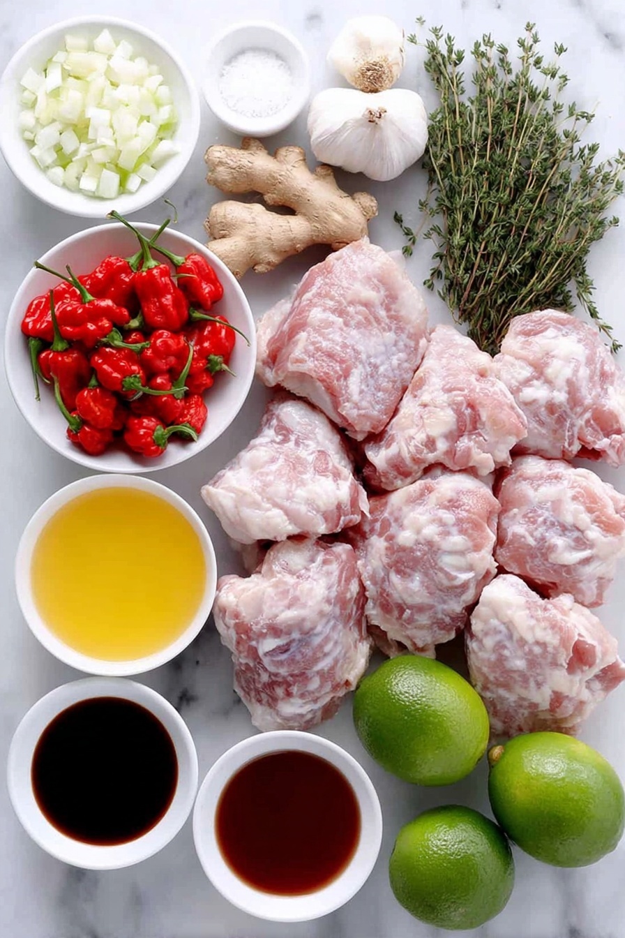 Flat lay of fresh whole Scotch bonnet peppers, a bunch of coarsely chopped scallions with some sliced scallions, a cluster of peeled garlic cloves, a piece of peeled fresh ginger root, a small white bowl of dark brown sugar, a small white bowl of bright yellow pineapple juice, two fresh whole limes, fresh thyme sprigs, whole allspice berries, fresh bay leaves, a small white bowl of ground nutmeg, kosher salt crystals in a small white bowl, whole black peppercorns, ground cloves in a small white bowl, a small white bowl of reduced-sodium soy sauce, raw bone-in skin-on chicken breasts and thighs arranged neatly, a small white bowl of ketchup, a small white bowl with neutral cooking oil, and fresh lime wedges, all arranged in perfect symmetry on a clean white marble surface, soft natural light, photo taken with an iPhone, professional food photography style, fresh ingredients, white ceramic bowls, no bottles, no duplicates, no utensils, no packaging --ar 2:3 --v 7 --p m7354615311229779997