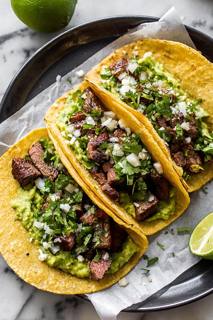 Three yellow corn tortillas each filled with a base layer of chunky green guacamole spread on the bottom, topped with small pieces of dark brown grilled beef with some pink inside, scattered small white onion cubes and finely chopped fresh green cilantro leaves, all on a sheet of white paper on a dark grey plate. There is a fresh half lime behind the tacos on the plate. The plate is on a white marbled surface with a bowl of chopped green cilantro in the top left corner and a light fabric napkin on the bottom left. photo taken with an iphone --ar 2:3 --v 7