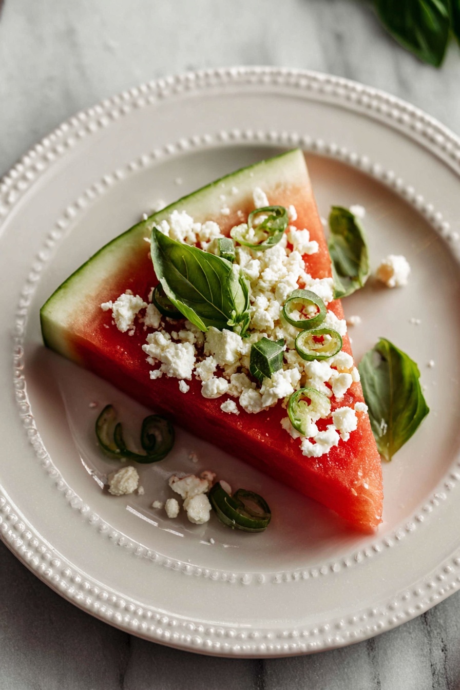 A white plate with a beaded rim holds one slice of watermelon with green rind and bright red flesh as the base layer, topped with crumbled white cheese scattered unevenly across the surface, and fresh green basil leaves placed on and around the watermelon slice. The plate sits on a white marbled surface, and part of a silver fork is visible in the top right corner. photo taken with an iphone --ar 2:3 --v 7