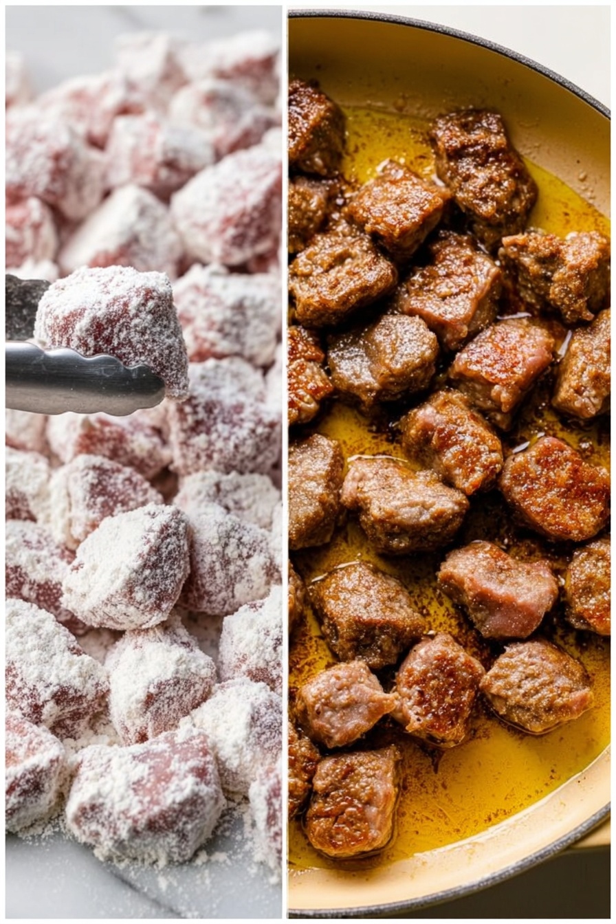 The image shows two side-by-side photos. The left side has many small pieces of raw meat covered in white flour, with a pair of metal tongs holding one cube. The raw meat cubes are pale pink with a dusting of white flour, and they are placed in a white bowl. The right side shows browned meat pieces cooking in oil inside a white pot. The cooked meat pieces are dark brown with a slightly rough texture, sitting in golden oil with some brown bits around them. The background is a white marbled surface. Photo taken with an iphone --ar 2:3 --v 7