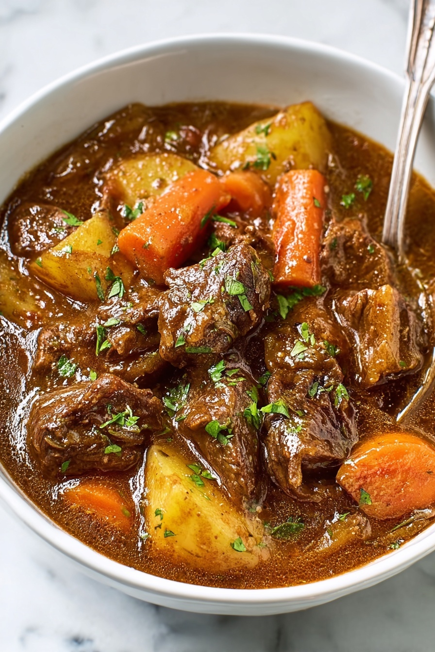 A white bowl filled with a thick brown stew containing large chunks of tender cooked meat, bright orange carrot slices, and yellowish potato pieces, all mixed in a rich, slightly shiny sauce. Small green herb leaves are scattered on top, adding a fresh touch. The bowl is placed on a white marbled surface, and a silver spoon rests inside the bowl on the right side. photo taken with an iphone --ar 2:3 --v 7