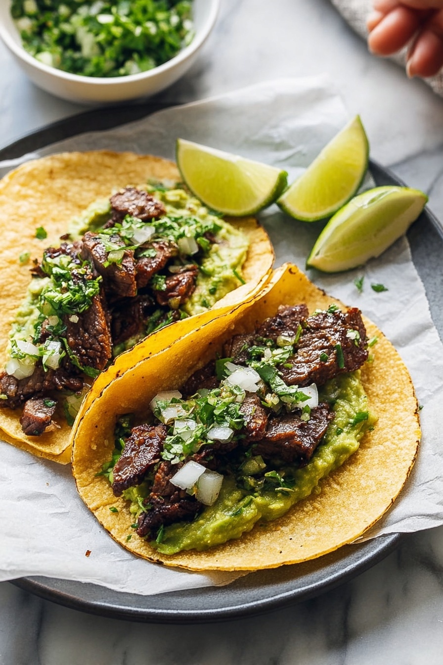 Two soft yellow corn tortillas lie flat on a white plate covered with white parchment paper. Each tortilla has a bottom layer of mashed green avocado spread evenly. On top, there are small cubes of grilled dark brown steak with a seared crust, speckled with small white bits of crumbled cheese and diced white onions. Fresh green chopped herbs are sprinkled over the steak. To the side on the parchment, there are three lime wedges, some partially squeezed. In the background, a white bowl filled with more chopped green herbs sits on a white marbled surface with some herb bits scattered around. Photo taken with an iphone --ar 2:3 --v 7