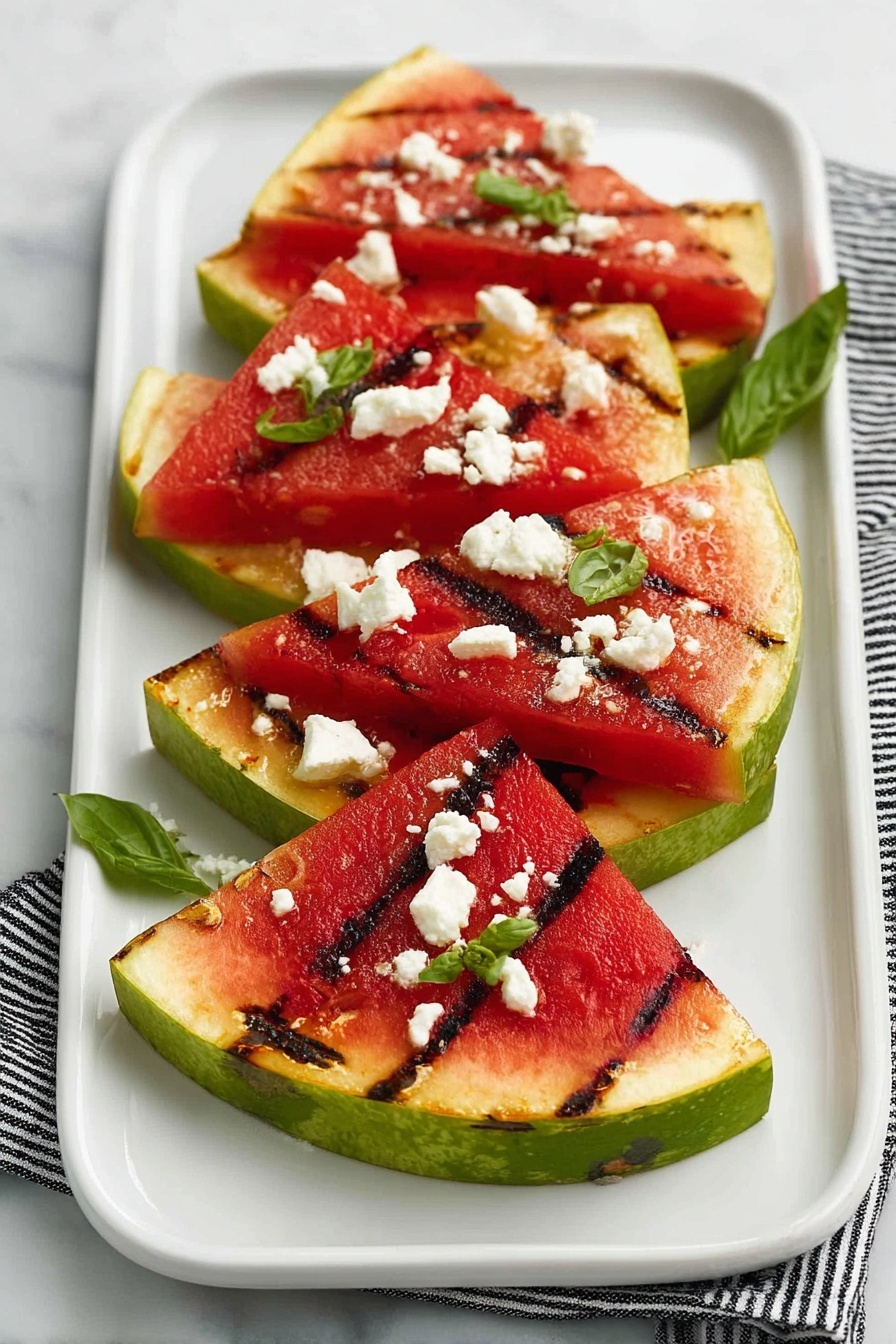The image shows a white rectangular plate with six large triangular slices of grilled watermelon. Each watermelon slice has a red juicy inside with dark grilled lines and a light green rind around the edge. Scattered on top of the watermelon pieces are small white crumbles of cheese and bright green basil leaves. The plate is placed on a white marbled surface with a white and black striped cloth partially visible next to it. The bright colors and textures of the watermelon, cheese, and basil create a fresh and summery look. photo taken with an iphone --ar 2:3 --v 7