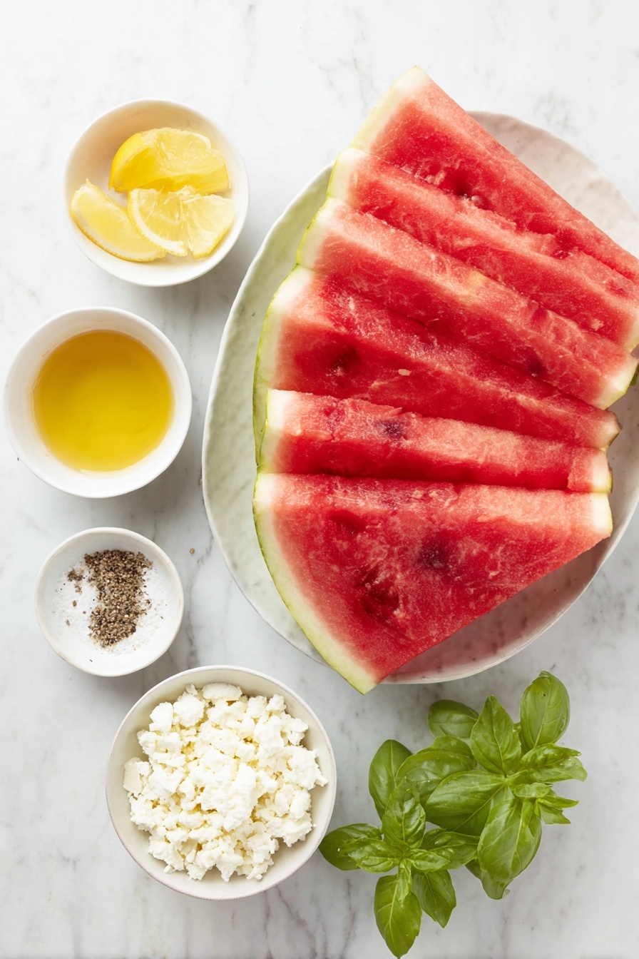 Flat lay of a large wedge of fresh watermelon with bright red flesh and dark green rind, a small white ceramic bowl filled with golden honey, a small white ceramic bowl containing deep green olive oil, a small white ceramic bowl of bright yellow lemon juice with fresh lemon zest, a whole uncracked brown egg, a handful of small vibrant green basil leaves, a small white ceramic bowl of crumbled white feta cheese, a small white ceramic bowl with coarse kosher salt, and a small white ceramic bowl with cracked black peppercorns, all arranged symmetrically and proportionally, placed on a clean white marble surface, soft natural light, photo taken with an iPhone, professional food photography style, fresh ingredients, white ceramic bowls, no bottles, no duplicates, no utensils, no packaging --ar 2:3 --v 7 --p m7354615311229779997