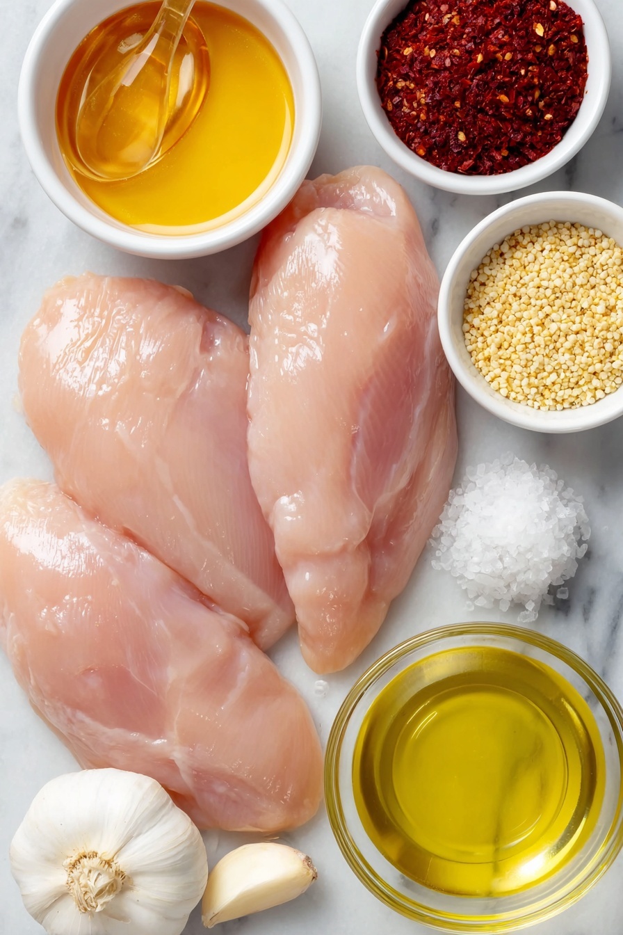 Flat lay of a raw chicken breast with smooth pale pink skin, a small white ceramic bowl of golden honey, a small white ceramic bowl of grainy dijon mustard with visible mustard seeds, a small white ceramic bowl of rich green olive oil, a single garlic clove with papery white skin, and a small white ceramic bowl with ground cayenne pepper showing a deep rusty red hue, alongside small piles of coarse sea salt and freshly cracked black peppercorns, all arranged in perfect symmetry and balanced proportions, placed on a clean white marble surface, soft natural light, photo taken with an iPhone, professional food photography style, fresh ingredients, white ceramic bowls, no bottles, no duplicates, no utensils, no packaging --ar 2:3 --v 7 --p m7354615311229779997