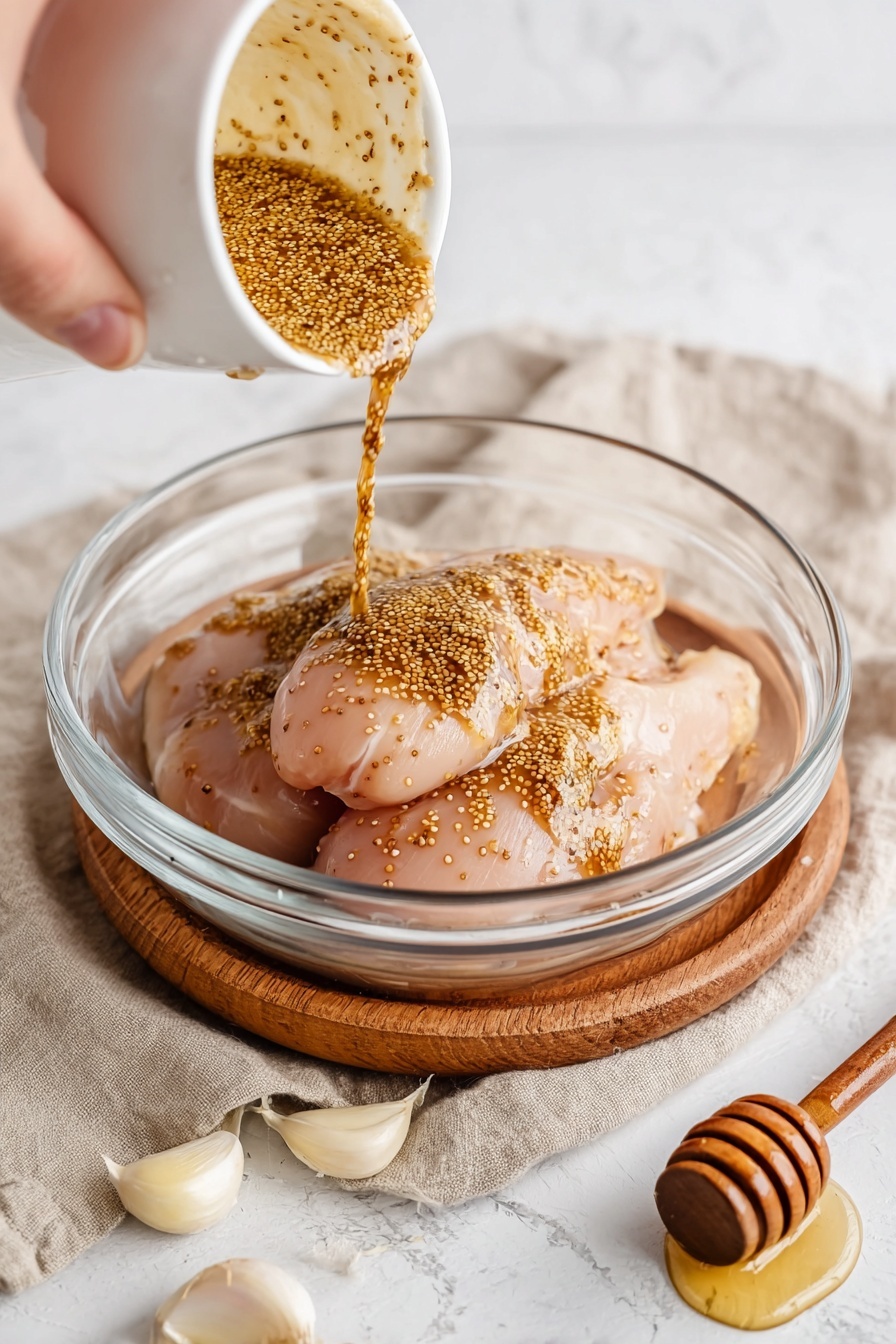 A clear glass bowl contains three raw chicken pieces arranged flat and close together, showing their pale pink color and smooth texture. A woman's hand is pouring a thick brown mustard sauce with visible grainy mustard seeds onto the chicken, covering parts of the top pieces. The bowl is set on a small wooden board, partially covered by a beige cloth. The scene is on a white marbled surface with a wooden honey dipper holding some honey and a whole garlic bulb with garlic cloves scattered nearby. photo taken with an iphone --ar 2:3 --v 7