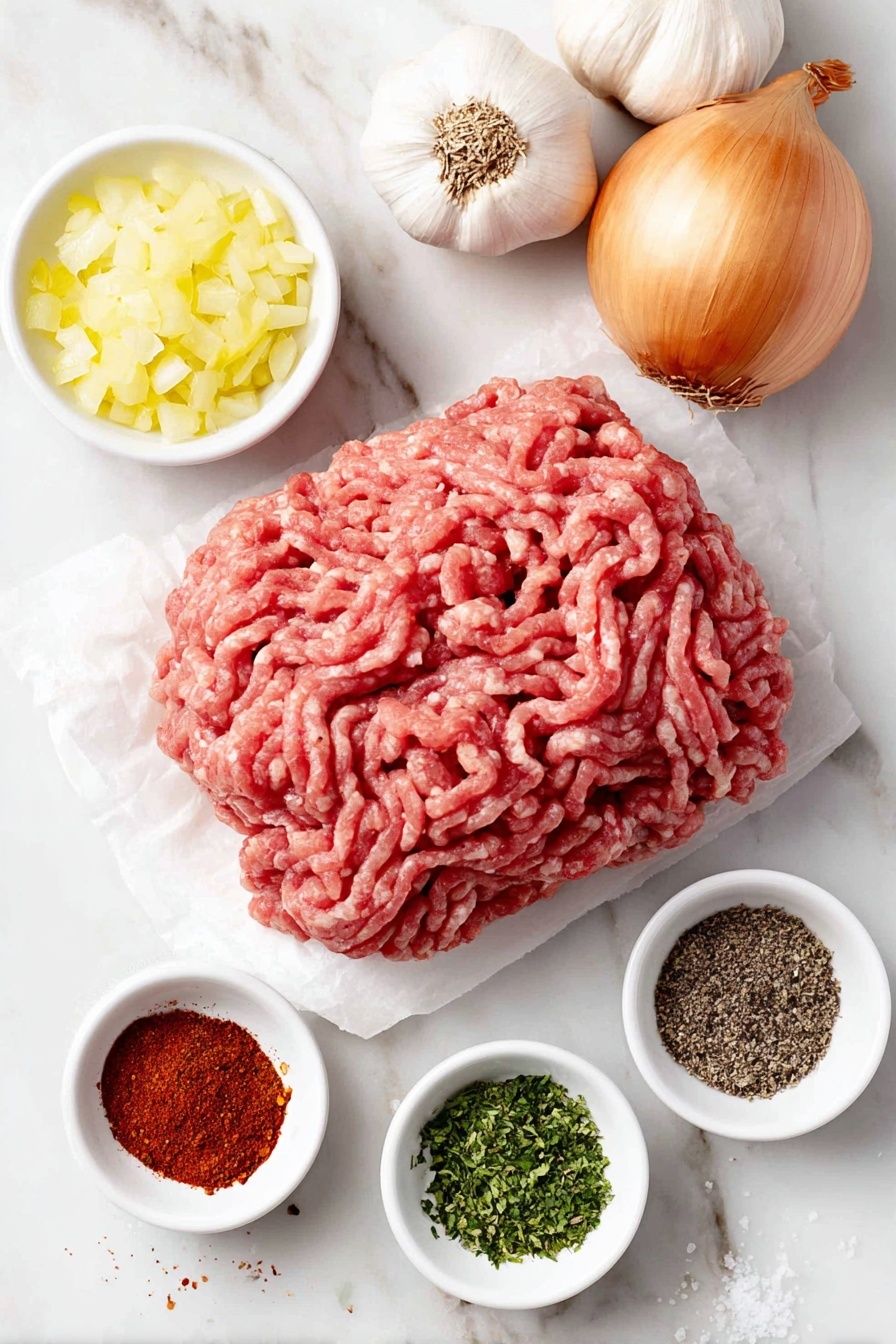 Flat lay of fresh ground lamb and fresh 80/20 ground beef portions side by side on a simple white ceramic plate, a small white ceramic bowl with finely minced fresh onion, another small white ceramic bowl holding minced garlic cloves, small white ceramic bowls containing vibrant red paprika powder, deep brown ground cumin, warm tan ground coriander, reddish-brown ground cinnamon, bright red pepper flakes, fine sea salt crystals in a small white bowl, and freshly cracked coarse black peppercorns scattered neatly on the surface, all ingredients arranged symmetrically and naturally, placed on a clean white marble surface, soft natural light, photo taken with an iPhone, professional food photography style, fresh ingredients, white ceramic bowls, no bottles, no duplicates, no utensils, no packaging --ar 2:3 --v 7 --p m7354615311229779997