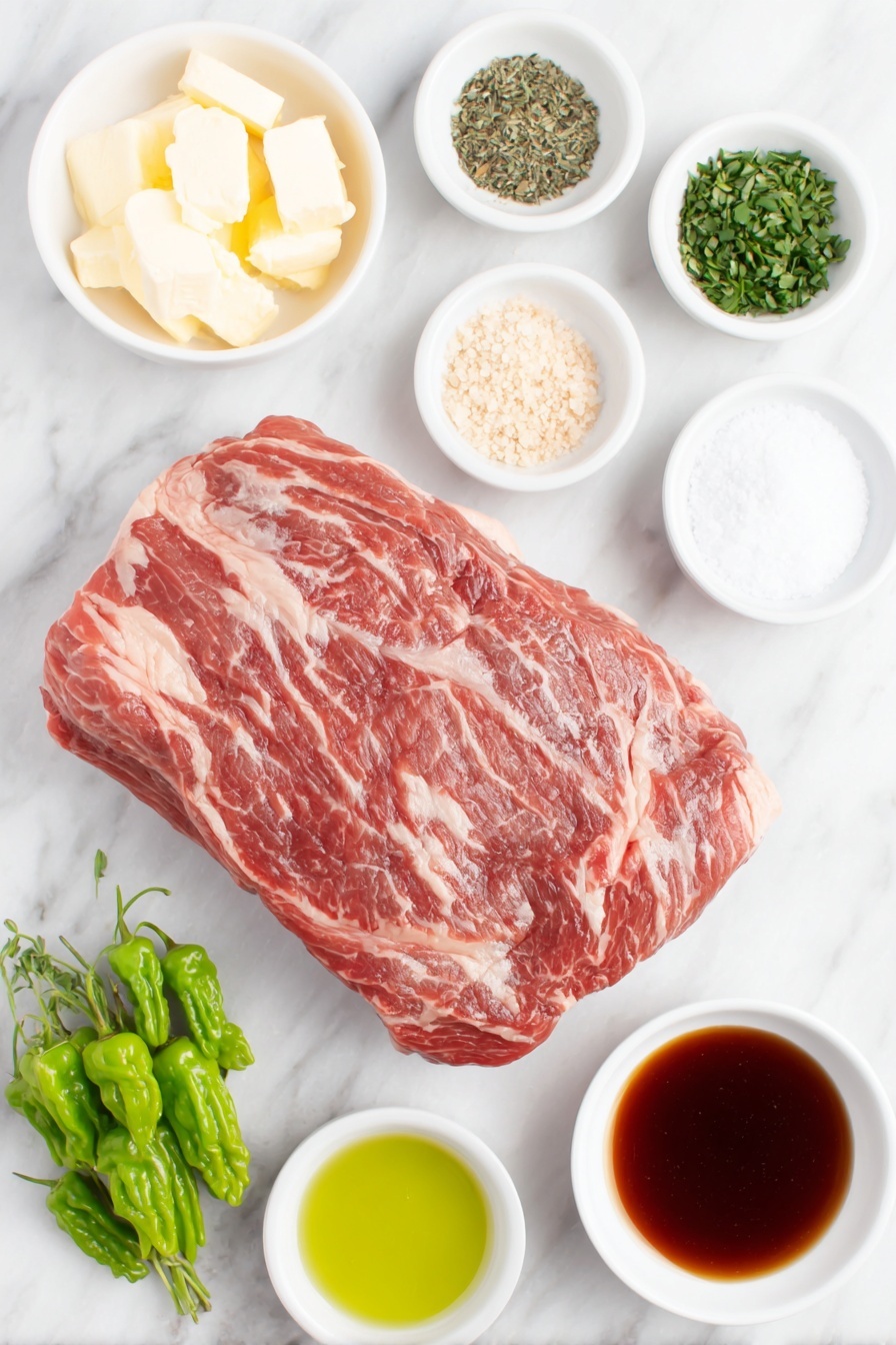 Flat lay of a whole fresh beef chuck roast with a pat of softened butter on top, a small white ceramic bowl filled with garlic powder, another small white bowl with onion powder, a small white bowl containing fine salt, a small white bowl holding dried parsley, a small white bowl with dried dill, a small white ceramic bowl of rich beef broth, a small white bowl of dark amber coconut aminos, a small white bowl filled with pale yellow peperoncini juice, and a neat cluster of twelve whole bright green jarred peperoncini peppers arranged symmetrically, all placed on a clean white marble surface, soft natural light, photo taken with an iPhone, professional food photography style, fresh ingredients, white ceramic bowls, no bottles, no duplicates, no utensils, no packaging --ar 2:3 --v 7 --p m7354615311229779997