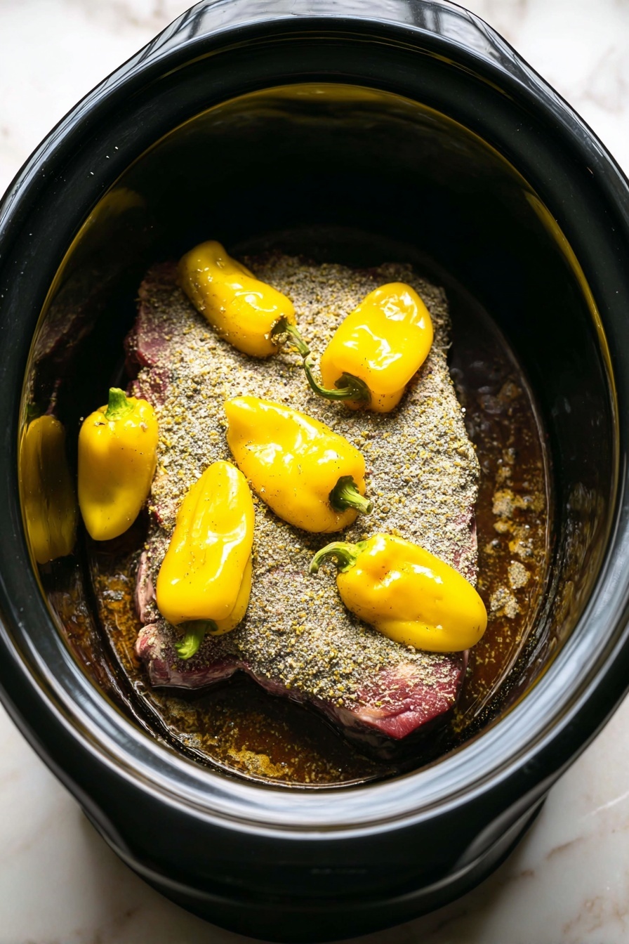 The image shows a close-up of shredded brown meat soaked in rich, dark broth with a glossy surface. The shredded meat pieces are fibrous with some crispy edges, and the broth pools around and beneath the meat, giving a shiny texture. Scattered yellow-green peppers sit on top and next to the meat, adding pops of color. Two metal forks are pulling the meat apart in the center of the image, highlighting the tender texture. The background is a white marbled texture. Photo taken with an iphone --ar 2:3 --v 7