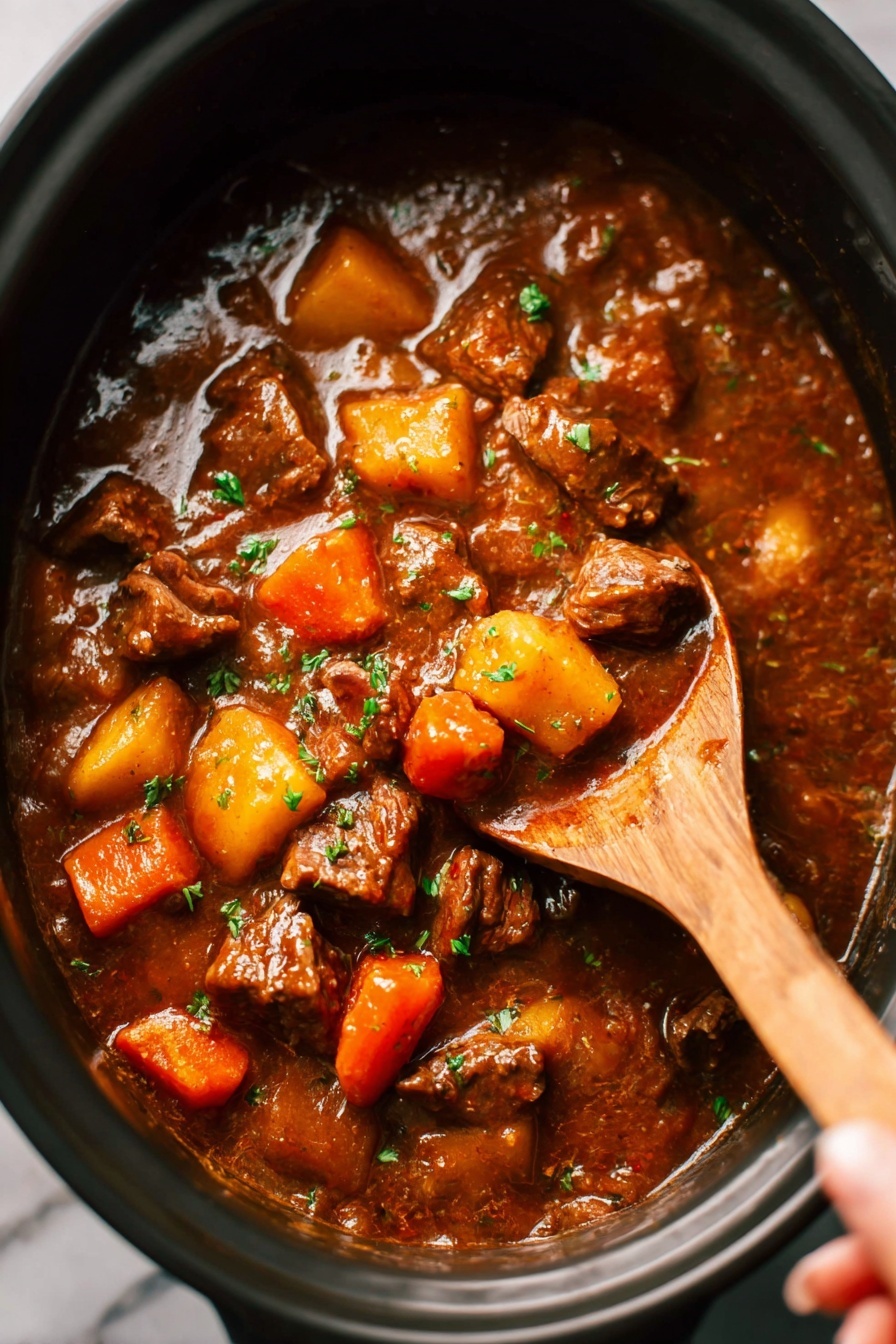 A close-up of a thick beef stew in a black pot, filled with large chunks of tender brown beef, orange carrot slices, and yellow potato pieces, all coated in a rich, glossy dark brown sauce. Tiny bright green herb bits are sprinkled on top, adding a fresh look. A woman’s hand is holding a light wooden spoon, lifting some stew in the middle right of the image, showing the mix of meats and vegetables. The background is a white marbled texture. photo taken with an iphone --ar 2:3 --v 7