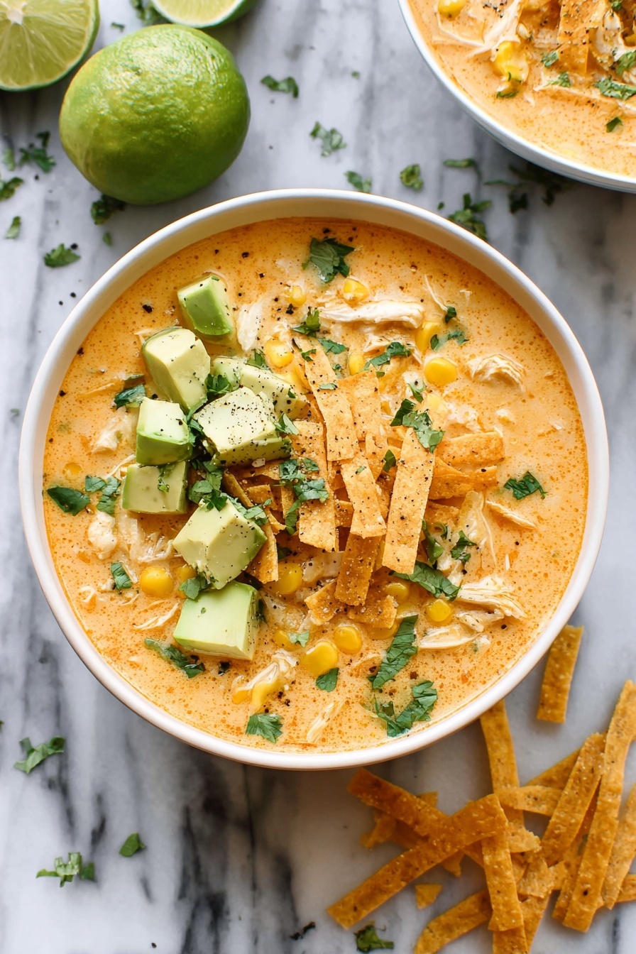 Two bowls of creamy orange soup filled with shredded white meat and corn kernels rest on a white marbled surface. Each bowl has a topping layer of thin golden-brown strips, small pale beige chunks, and green cubes of avocado scattered on top. Bright green chopped herbs are sprinkled over the soup and toppings, with some black pepper flakes visible. Half a lime, a small white bowl with avocado cubes, and thin golden strips are around the bowls on the marble surface. Photo taken with an iphone --ar 2:3 --v 7