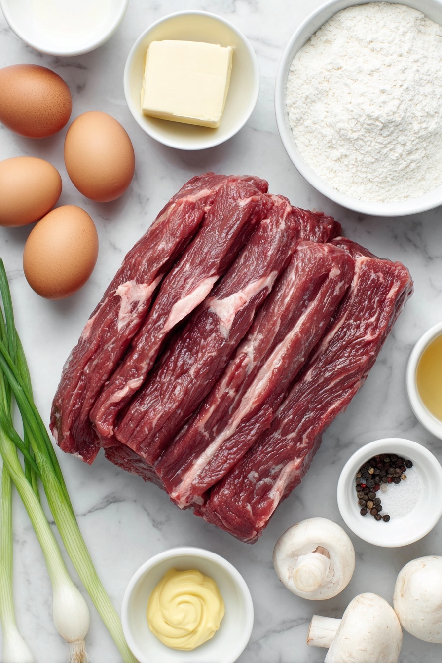 Flat lay of fresh strips of raw beef chuck roast, a few whole green onions showing white parts only, a small white bowl of bright yellow butter chunks, a small white bowl of fine all-purpose flour, whole brown mushrooms sliced in a small white bowl, a small white bowl filled with creamy sour cream, a small white bowl of clear white wine, a small white bowl with smooth prepared mustard, whole brown eggs with clean uncracked shells, small white ceramic bowls containing coarse salt and cracked black peppercorns, all arranged with perfect symmetry and balanced proportions, placed on a clean white marble surface, soft natural light, photo taken with an iPhone, professional food photography style, fresh ingredients, white ceramic bowls, no bottles, no duplicates, no utensils, no packaging --ar 2:3 --v 7 --p m7354615311229779997
