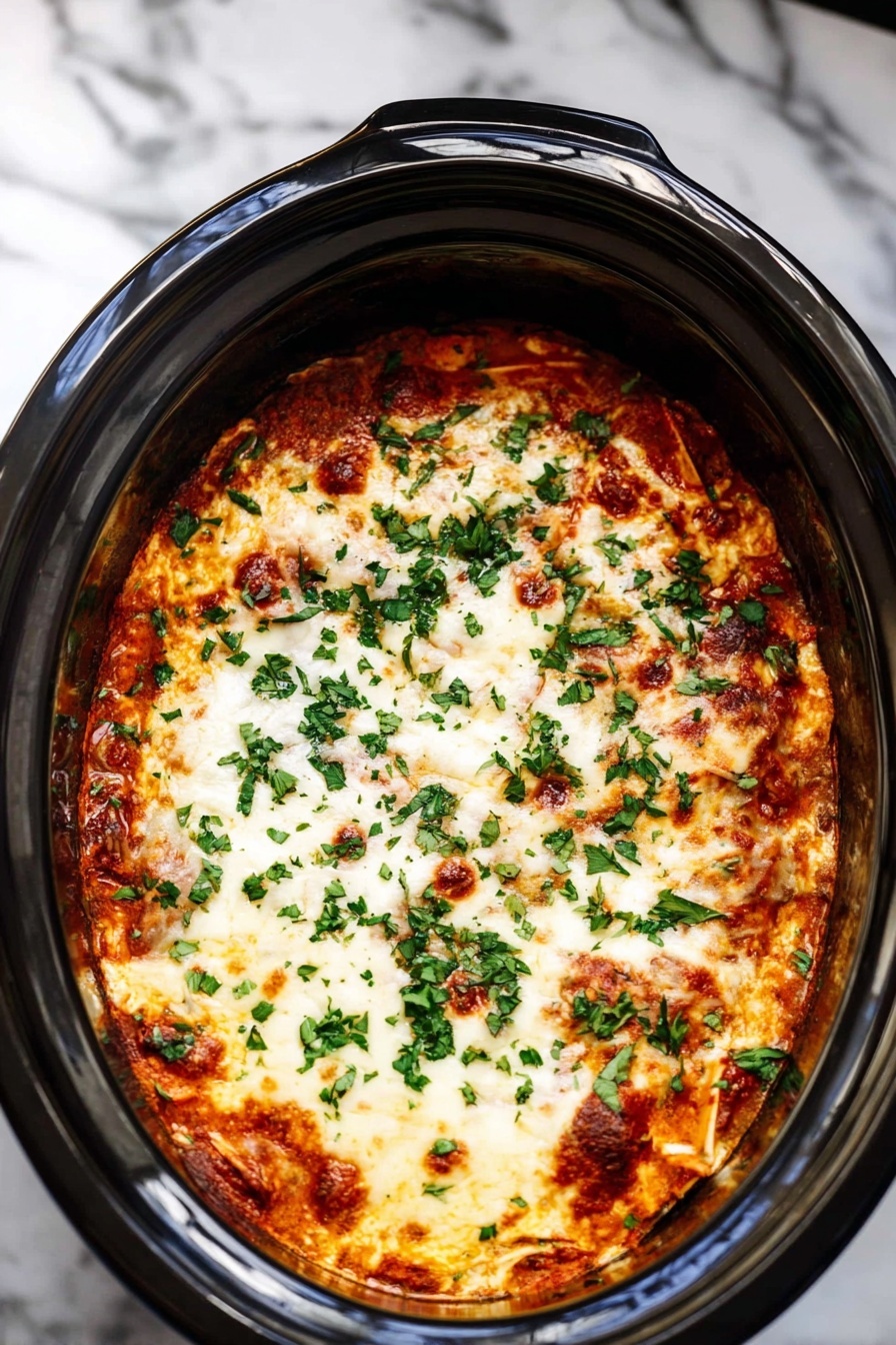 The image shows a round dish of baked lasagna in a black slow cooker, placed on a white marbled surface. The lasagna has multiple visible layers of reddish-brown tomato sauce mixed with melted cheese, which is browned on the top and bubbly, creating a textured surface. Sprinkled finely chopped green herbs lightly cover the top, adding a fresh contrast to the warm colors. The black slow cooker has a glossy finish that reflects light softly around its edges. Photo taken with an iphone --ar 2:3 --v 7
