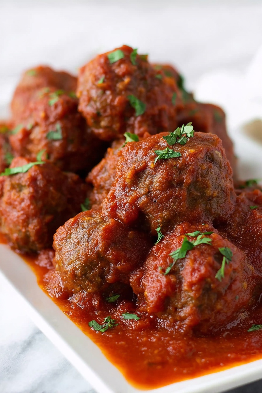 A white rectangular plate holds a pile of meatballs covered in thick red tomato sauce. The meatballs are evenly shaped, brown with a slightly rough texture. The tomato sauce looks chunky and coats the meatballs well, pooling slightly at the base. Small green herb pieces are sprinkled on top, adding a fresh contrast to the red sauce and brown meatballs. The plate rests on a white marbled surface. photo taken with an iphone --ar 2:3 --v 7