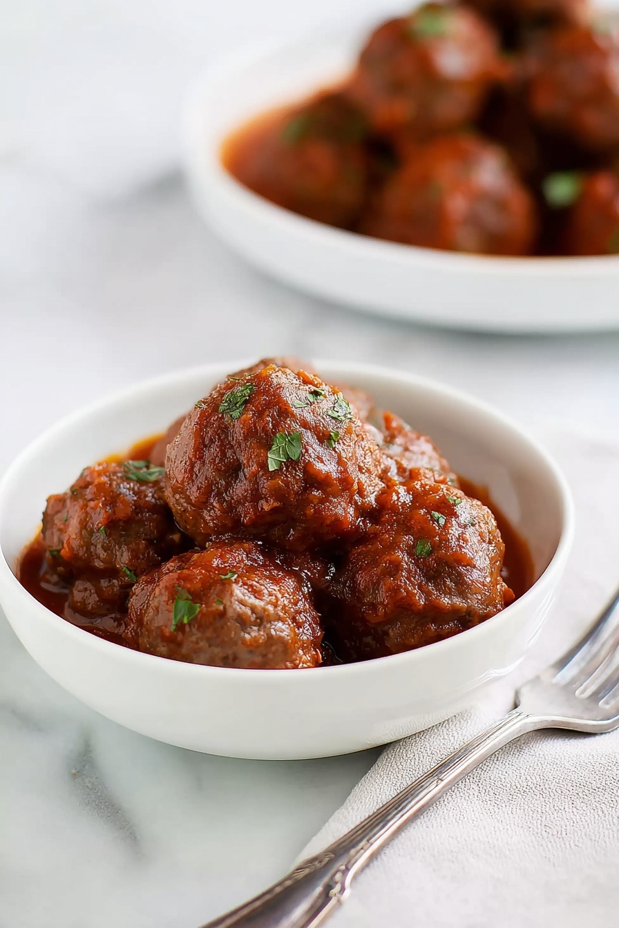 A white bowl filled with several brown meatballs covered in a thick red sauce, sprinkled with small green herb pieces, sits slightly to the left on a white marbled surface. Behind it, a white rectangular plate holds more meatballs in the same red sauce, slightly blurred. To the right side on the surface, a silver fork rests parallel to the edge of the image. The entire scene shows soft natural light and clean presentation. photo taken with an iphone --ar 2:3 --v 7