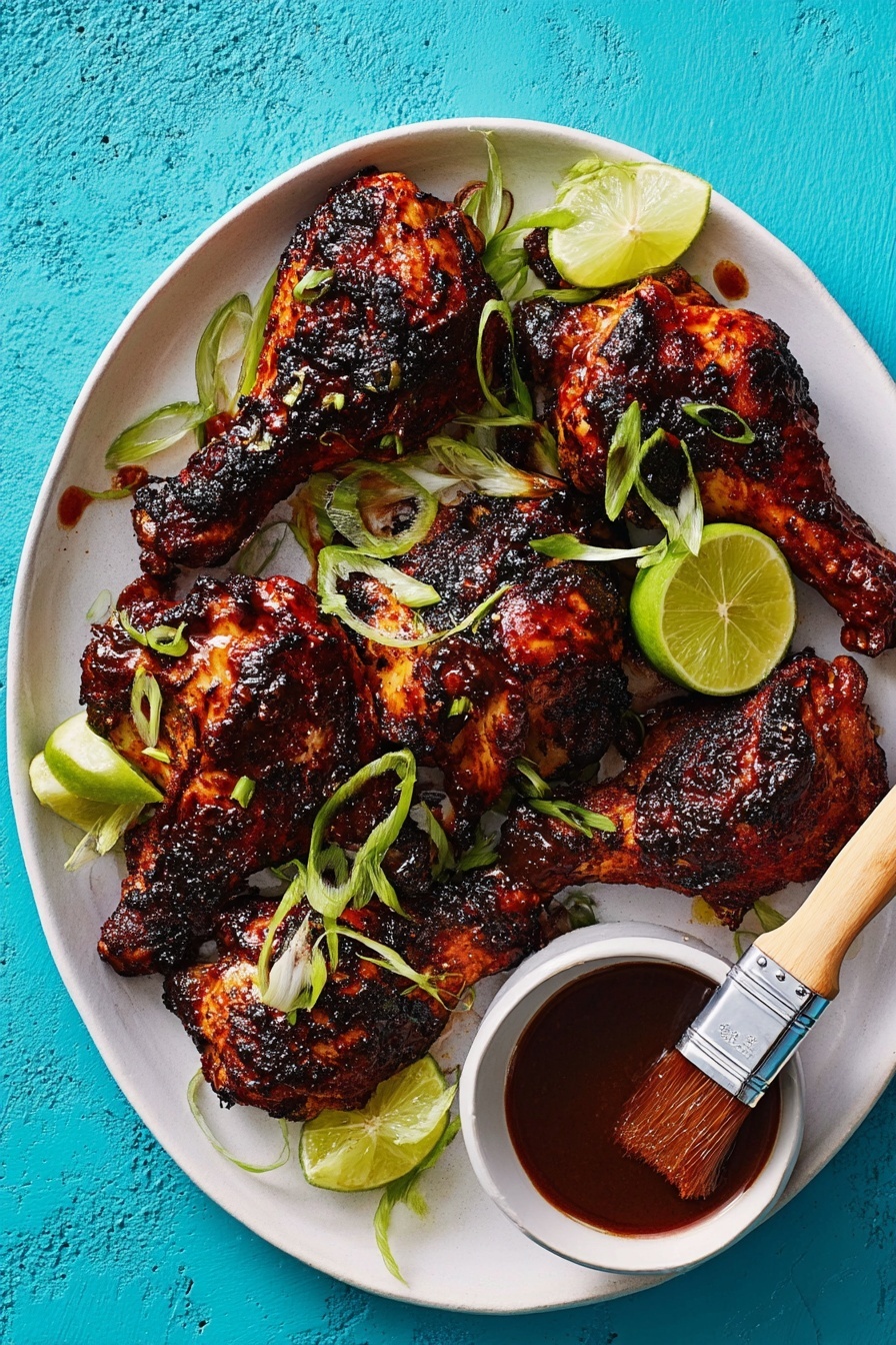 A white plate holds about eight pieces of grilled chicken with a dark, slightly charred surface showing rich orange and brown colors. Small green slices of spring onion are sprinkled over the chicken, adding bright green spots. Two yellow-green lime wedges rest on top of the chicken, one near the center and another partially hidden. At the right edge of the plate, a wooden brush with reddish-brown sauce is shown applying sauce to one piece of chicken. Next to the plate on the right, a white bowl contains more dark reddish sauce. The scene is set on a white marbled surface. Photo taken with an iphone --ar 2:3 --v 7