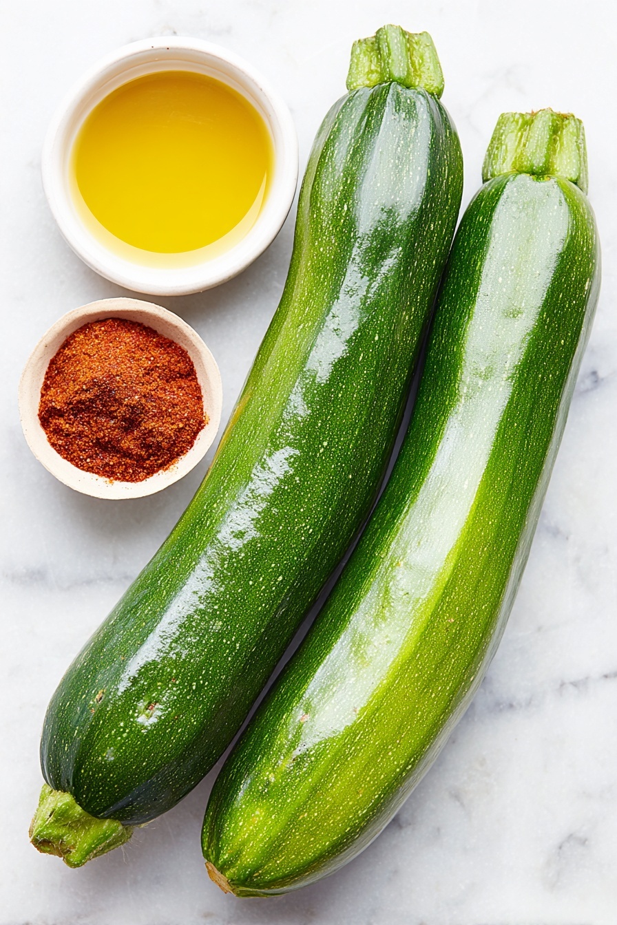 Flat lay of two fresh whole zucchinis with shiny dark green skin, a small white ceramic bowl filled with bright red tajín powder, and a small white ceramic bowl containing golden olive oil, arranged in perfect symmetry on a clean white marble surface, soft natural light, photo taken with an iPhone, professional food photography style, fresh ingredients, white ceramic bowls, no bottles, no duplicates, no utensils, no packaging --ar 2:3 --v 7 --p m7354615311229779997