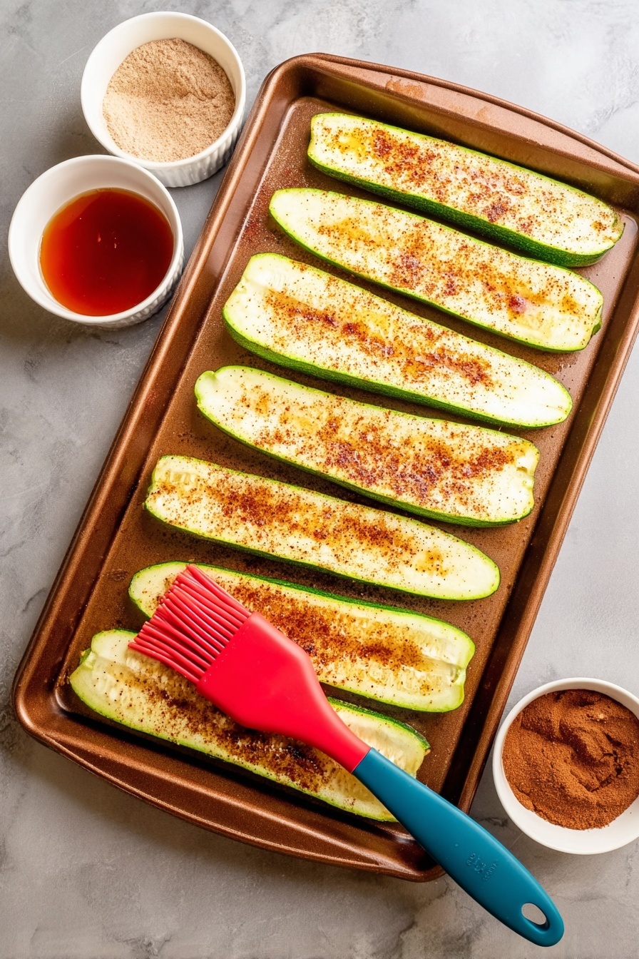 A rectangular baking tray holds eight long, thin slices of zucchini lined up side by side. Each zucchini slice has a light green edge and pale green inside with a light dusting of brown powder sprinkled evenly on top. A red silicone brush with a blue handle rests on the zucchini, angled slightly to the right. To the top left of the tray, two small white bowls sit on a white marbled surface; one contains a red liquid with herbs and the other is filled with a brown powder. The scene is well lit with bright colors and clear details, photo taken with an iphone --ar 2:3 --v 7