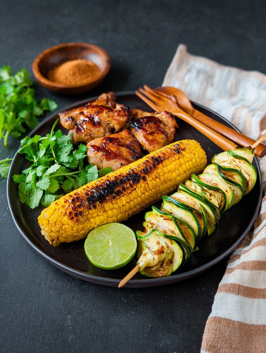 A white plate sits on a white marbled surface holding three main items: on the left is a grilled corn on the cob with dark char marks and a slice of lime on top, in the middle is a skewer of grilled zucchini ribbons folded and spaced with pieces of a light yellow vegetable, and on the right are two pieces of grilled chicken with brown and dark grill marks, one skewered with a wooden fork and knife resting on it. In the background is a small round wooden bowl filled with finely ground seasoning, and fresh green cilantro leaves lie on the surface next to the plate. Photo taken with an iphone --ar 2:3 --v 7