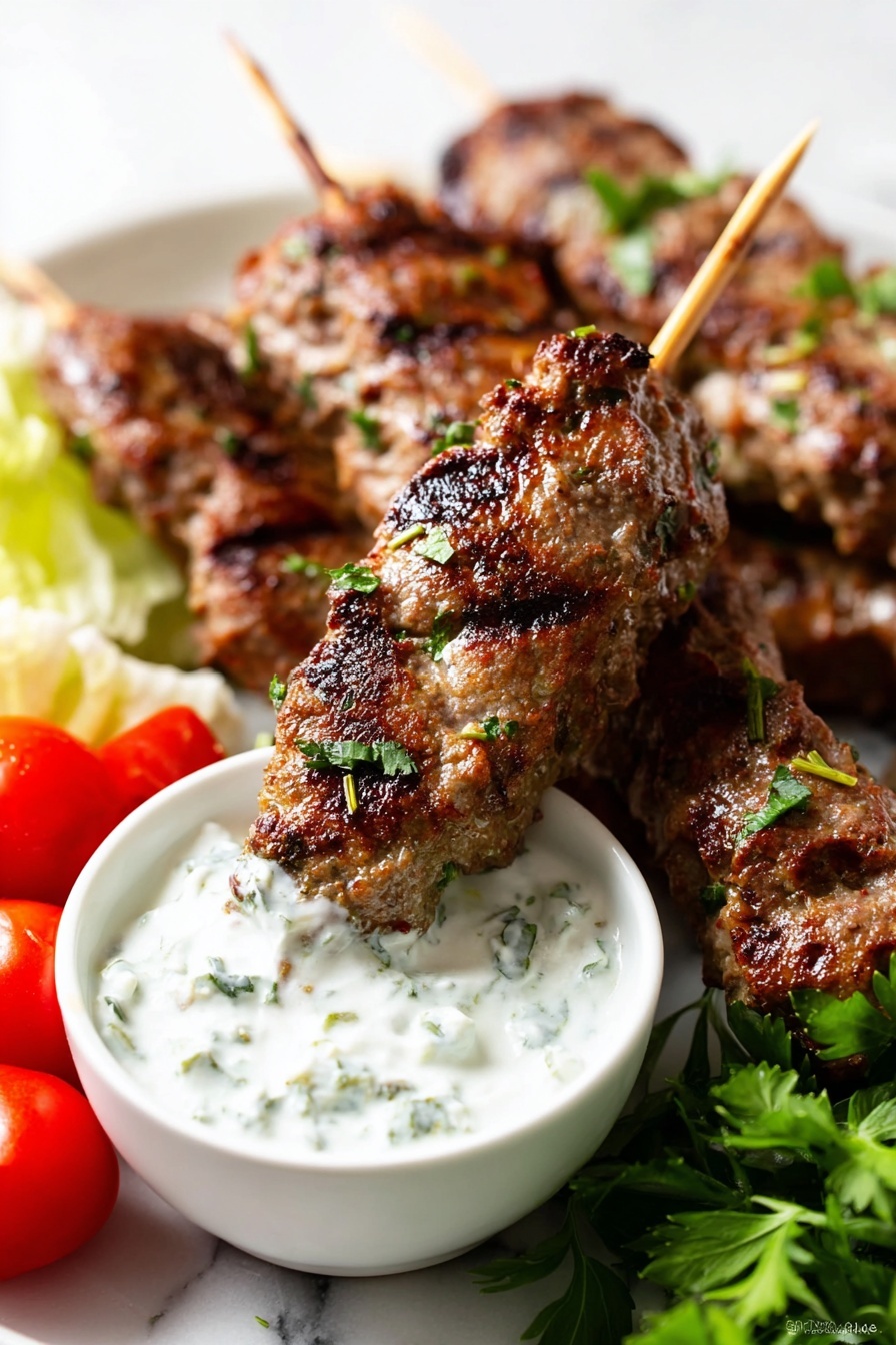 The image shows several grilled meat skewers stacked together, each skewer with browned, slightly charred, textured meat pieces sprinkled with small green herbs. The closest skewer is dipped into a small white bowl filled with thick, white, creamy sauce mixed with chopped green herbs. In the background, there are some red cherry tomatoes and green parsley leaves placed on a white marbled surface, adding bright color contrast to the scene. The photo taken with an iphone --ar 2:3 --v 7