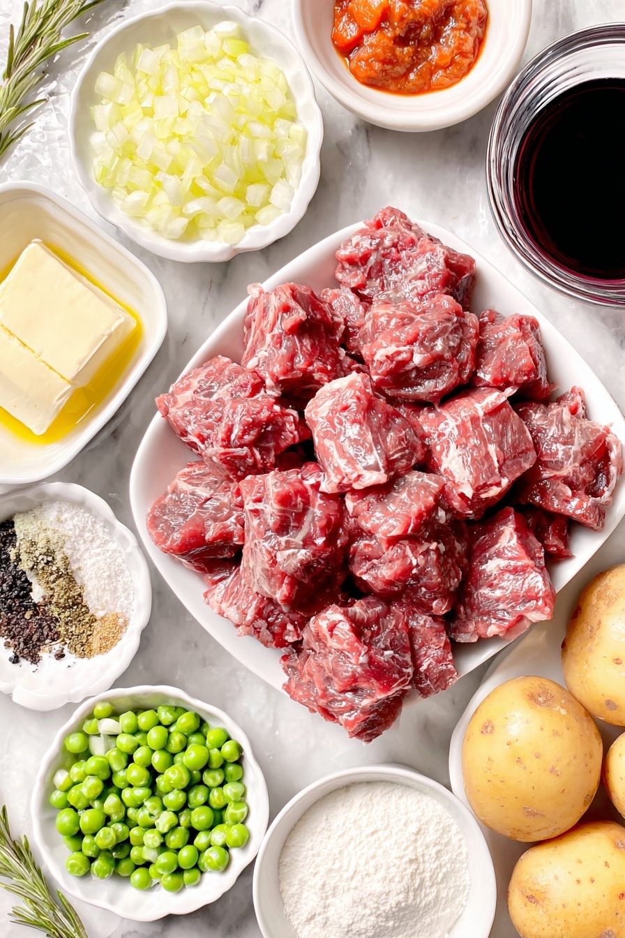 Flat lay of raw cubed beef stew meat, two whole brown eggs with clean shells, a small pile of golden yellow all-purpose flour, a few sprigs of fresh rosemary, two fresh bay leaves, diced yellow onions in a simple white ceramic bowl, four whole garlic cloves peeled, a small white ceramic bowl filled with rich dark red cabernet sauvignon wine, a small white ceramic bowl with clear beef broth, a small white ceramic bowl containing golden olive oil, a small white ceramic bowl of cold butter cubes, five fresh medium carrots cut into 1-inch chunks, a cluster of halved baby Yukon gold potatoes, a small white ceramic bowl holding bright green frozen peas, two white bouillon cubes placed neatly beside each other, a small white ceramic bowl with thick red tomato paste, and a small white ceramic bowl with golden corn starch powder, all arranged symmetrically and balanced on a clean white marble surface, soft natural light, photo taken with an iPhone, professional food photography style, fresh ingredients, white ceramic bowls, no bottles, no duplicates, no utensils, no packaging --ar 2:3 --v 7 --p m7354615311229779997