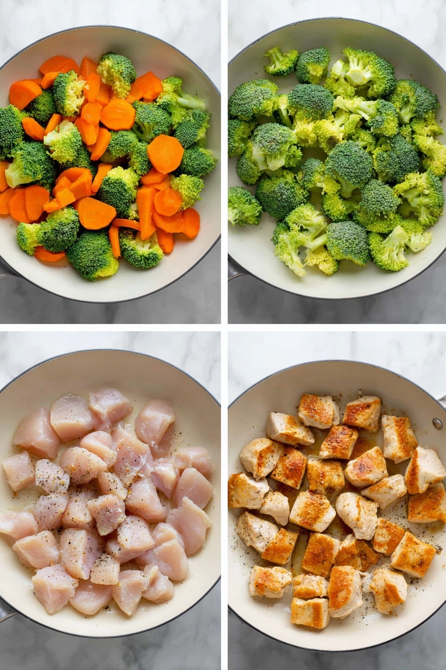 The image shows four frames of a white pan on a white marbled surface, each with different food stages. The first frame has a layer of raw bright green broccoli florets mixed with orange carrot slices spread evenly across the pan. In the second frame, the broccoli and carrot pieces look cooked and softer, still spread evenly. The third frame shows a layer of raw small chicken pieces with a light pink color and sprinkled with black pepper across the pan. The last frame displays the cooked chicken pieces browned and seared, scattered evenly in the pan. The lighting is bright and natural, highlighting the fresh ingredients. Photo taken with an iphone --ar 2:3 --v 7