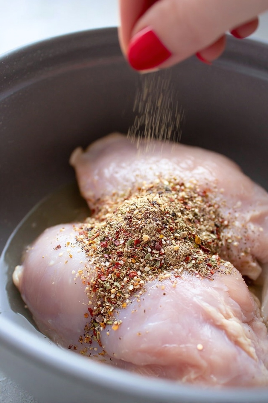 Two raw chicken pieces lie side by side in a round gray pot. The chicken pieces have a smooth, pale pink color. A woman's hand with red nails is visible in the top right corner, sprinkling a mix of crushed spices, including black, white, and red bits, over the chicken. The spices form a rough triangular pile in the center of the chicken, with some dust floating in midair above. The background is soft and out of focus. Photo taken with an iphone --ar 2:3 --v 7