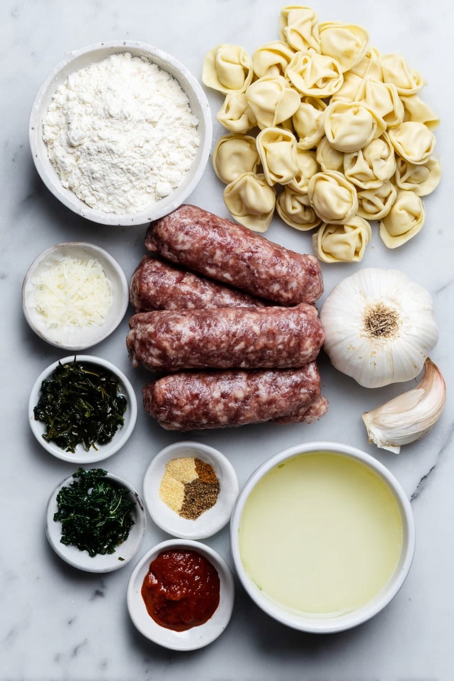 Flat lay of ground Italian sausage in a loose mound, a small diced yellow onion, three whole garlic cloves, a small white ceramic bowl of flour, a small white ceramic bowl of dried basil, a small white ceramic bowl of oregano, a small white ceramic bowl with a pinch of cayenne powder, a small white ceramic bowl with a teaspoon of hot sauce, a small white ceramic bowl with mustard powder, a small white ceramic bowl with black pepper, a small white ceramic bowl with red pepper flakes, a small white ceramic bowl of heavy cream, a small white ceramic bowl of chicken broth, fresh chopped kale leaves, fresh cheese tortellini, and two whole brown eggs placed on a clean white marble surface, soft natural light, photo taken with an iPhone, professional food photography style, fresh ingredients, white ceramic bowls, no bottles, no duplicates, no utensils, no packaging --ar 2:3 --v 7 --p m7354615311229779997